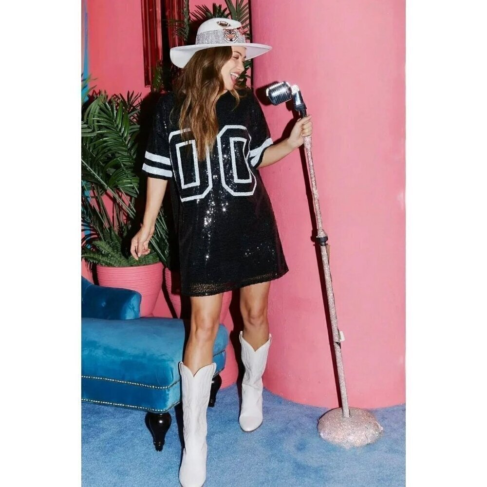 She Scores Gameday Sequin Jersey Dress in Black - Picture 2 of 4